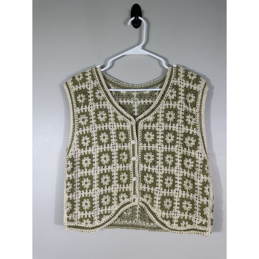 Knit Vest Womens Green Granny Square Cottage Boho Hippie Festival